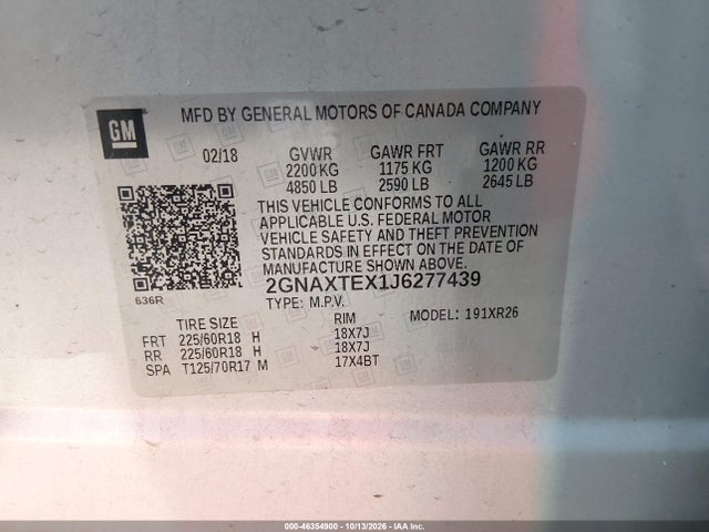 Aukcja sprzedaży 2018 Chevrolet Equinox Lt, vin: 2GNAXTEX1J6277439, numer aukcji: 46354900