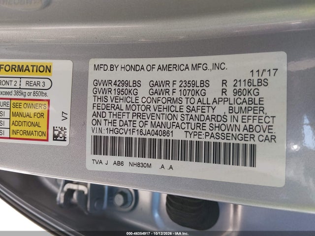 1HGCV1F16JA040861 Honda ACCORD LX