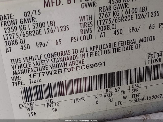 Продаж на аукціоні авто 2015 Ford F-250 Lariat, vin: 1FT7W2BT9FEC69691, номер лоту: 46354921