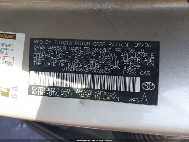 Aukcja sprzedaży 2007 Toyota Camry Hybrid, vin: JTNBB46K573026021, numer aukcji: 46354957