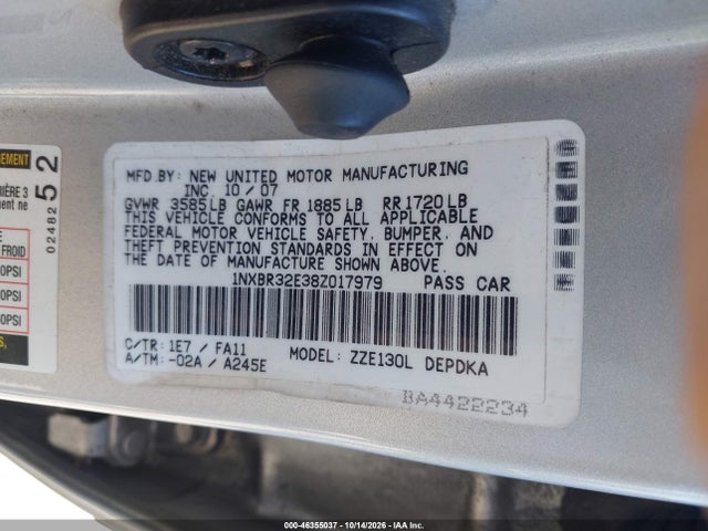 Aukcja sprzedaży 2008 Toyota Corolla Ce, vin: 1NXBR32E38Z017979, numer aukcji: 46355037