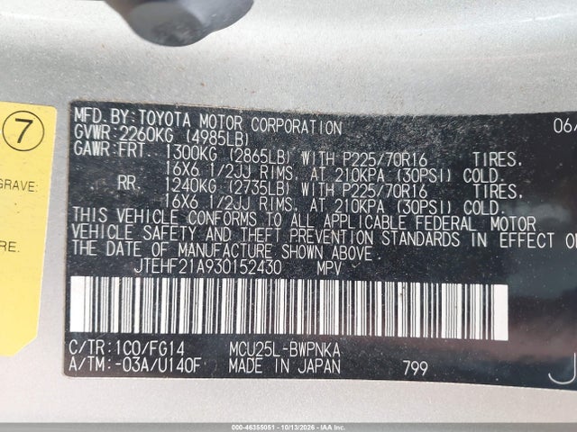 46355051 :رقم المزاد ، JTEHF21A930152430 vin ، 2003 Toyota Highlander V6 مزاد بيع
