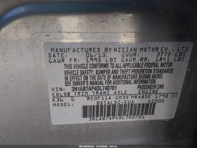 Aukcja sprzedaży 2013 Nissan Sentra Sv, vin: 3N1AB7AP4DL740701, numer aukcji: 46355330