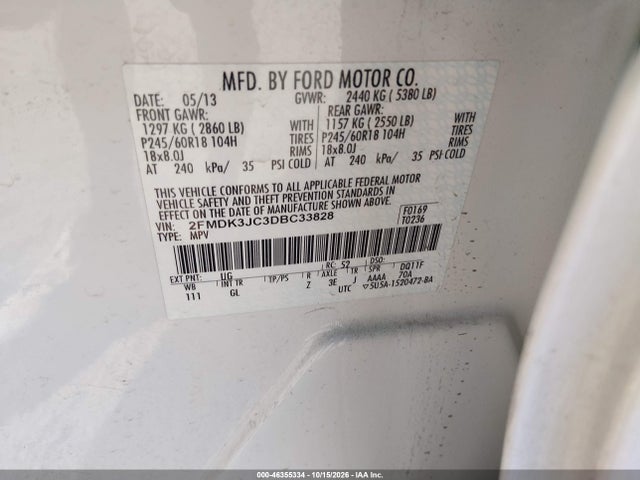 46355334 :رقم المزاد ، 2FMDK3JC3DBC33828 vin ، 2013 Ford Edge Sel مزاد بيع