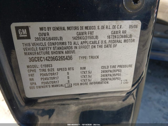 46355371 :رقم المزاد ، 3GCEC14Z06G265436 vin ، 2006 Chevrolet Silverado 1500 Lt1 مزاد بيع
