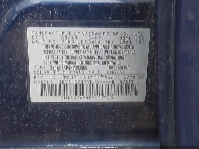 46355388 :رقم المزاد ، 3N1AB7AP4KY393905 vin ، 2019 Nissan Sentra S مزاد بيع