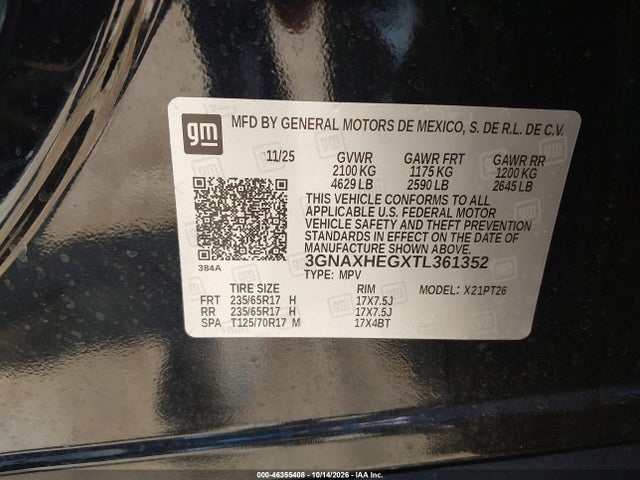 Продажа на аукционе авто 2026 Chevrolet Equinox Fwd Lt, vin: 3GNAXHEGXTL361352, номер лота: 46355408