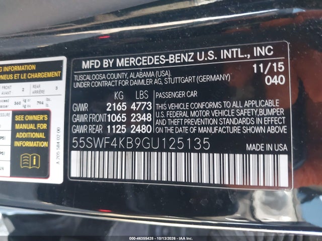 2016 Mercedes-benz C 300 4matic მანქანა იყიდება აუქციონზე, vin: 55SWF4KB9GU125135, აუქციონის ნომერი: 46355428