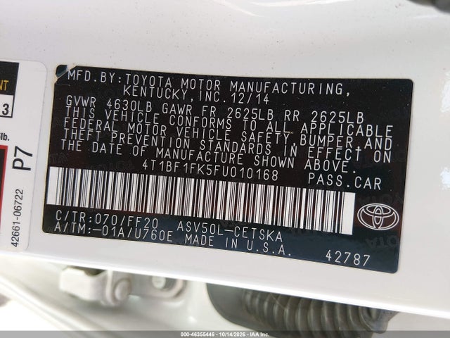 46355446 :رقم المزاد ، 4T1BF1FK5FU010168 vin ، 2015 Toyota Camry Se مزاد بيع