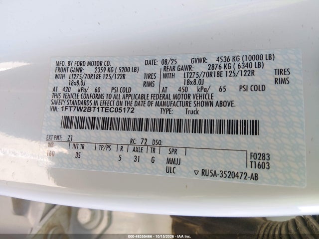 Продажа на аукционе авто 2026 Ford F-250 Xlt, vin: 1FT7W2BT1TEC05172, номер лота: 46355466