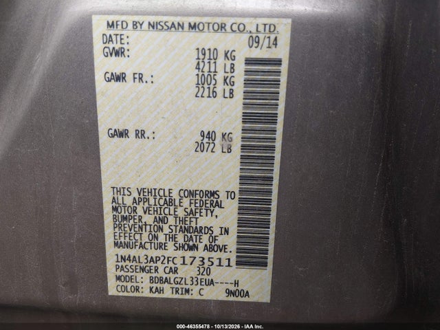 Nissan Altima 2.5 S 2015 1N4AL3AP2FC173511 Image 9