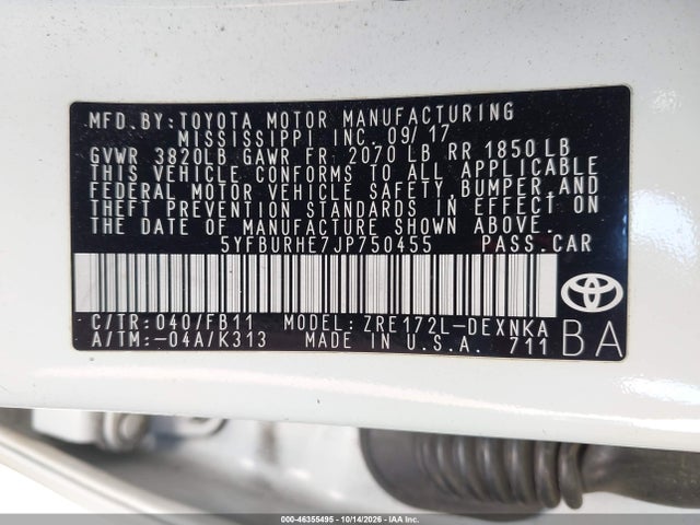 46355495 :رقم المزاد ، 5YFBURHE7JP750455 vin ، 2018 Toyota Corolla Le مزاد بيع