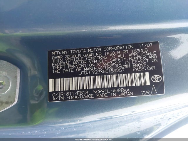 46355506 :رقم المزاد ، JTDJT923X85159257 vin ، 2008 Toyota Yaris مزاد بيع