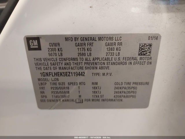 Aukcja sprzedaży 2014 Chevrolet Equinox Ltz, vin: 1GNFLHEK5EZ119442, numer aukcji: 46355517