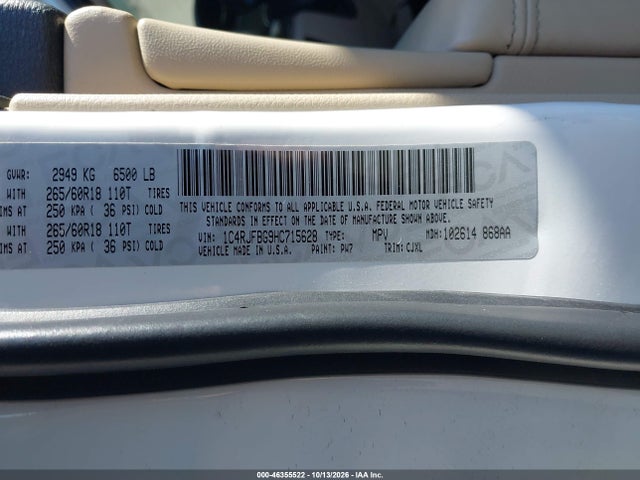 Продаж на аукціоні авто 2017 Jeep Grand Cherokee Limited 4x4, vin: 1C4RJFBG9HC715628, номер лоту: 46355522