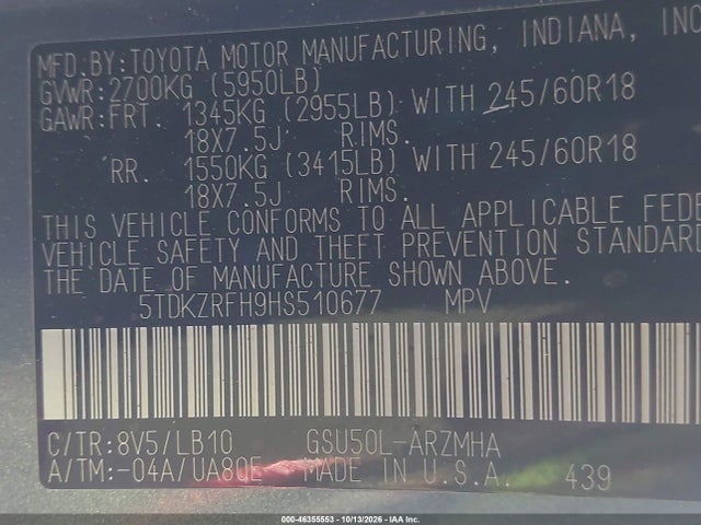 5TDKZRFH9HS510677 Toyota Highlander Xle