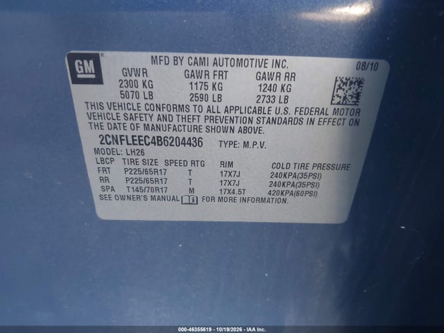 2011 Chevrolet Equinox 1lt მანქანა იყიდება აუქციონზე, vin: 2CNFLEEC4B6204436, აუქციონის ნომერი: 46355619