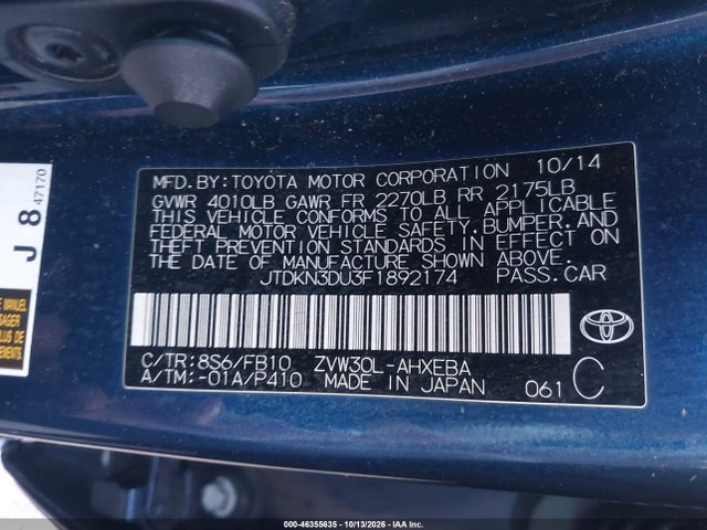 Aukcja sprzedaży 2015 Toyota Prius Two, vin: JTDKN3DU3F1892174, numer aukcji: 46355635
