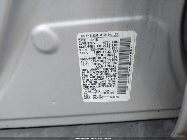 Продаж на аукціоні авто 2019 Nissan Rogue Sv, vin: JN8AT2MV3KW373194, номер лоту: 46355655