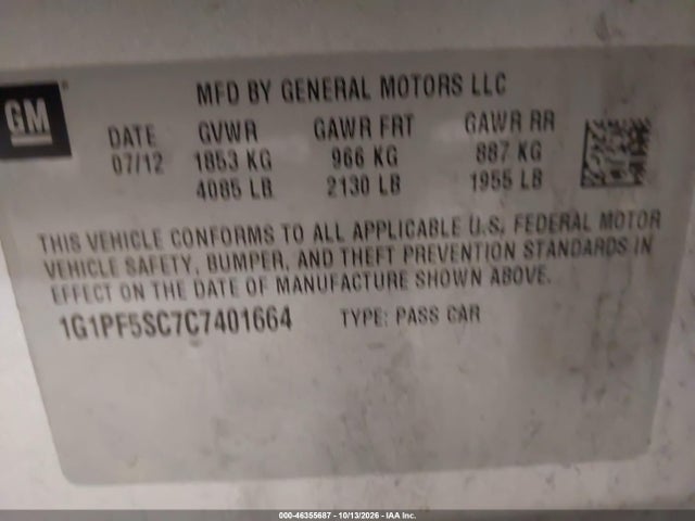 Продаж на аукціоні авто 2012 Chevrolet Cruze 1lt, vin: 1G1PF5SC7C7401664, номер лоту: 46355687