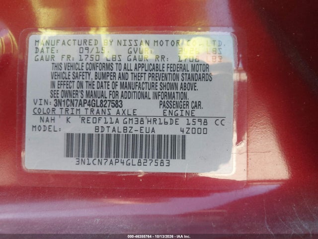 46355764 :رقم المزاد ، 3N1CN7AP4GL827583 vin ، 2016 Nissan Versa 1.6 S/1.6 S+/1.6 Sl/1.6 Sv مزاد بيع