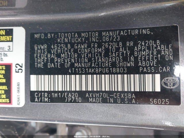 Продаж на аукціоні авто 2023 Toyota Camry Se Hybrid, vin: 4T1S31AK8PU618803, номер лоту: 46355803