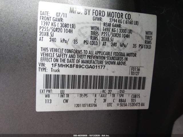 Aukcja sprzedaży 2012 Ford Explorer Limited, vin: 1FMHK8F89CGA01177, numer aukcji: 46355808