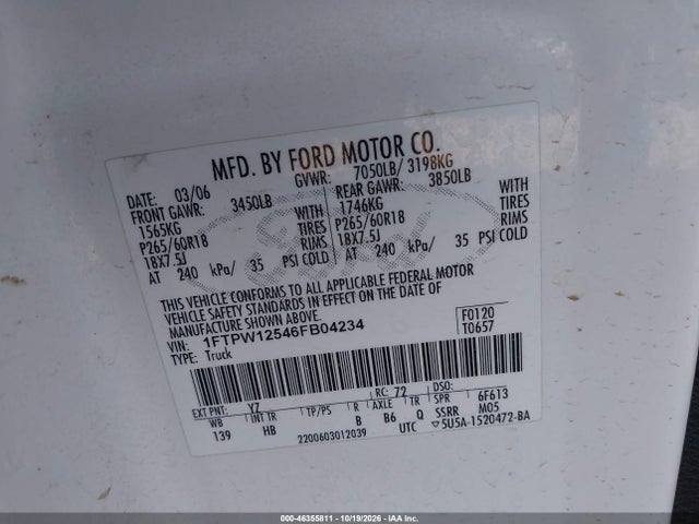 Aukcja sprzedaży 2006 Ford F-150 Lariat/xlt, vin: 1FTPW12546FB04234, numer aukcji: 46355811