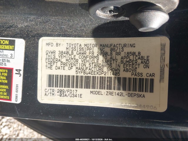46355821 :رقم المزاد ، 5YFBU4EEXDP211405 vin ، 2013 Toyota Corolla S مزاد بيع