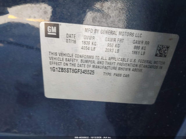 46355832 :رقم المزاد ، 1G1ZB5ST8GF345525 vin ، 2016 Chevrolet Malibu Ls مزاد بيع