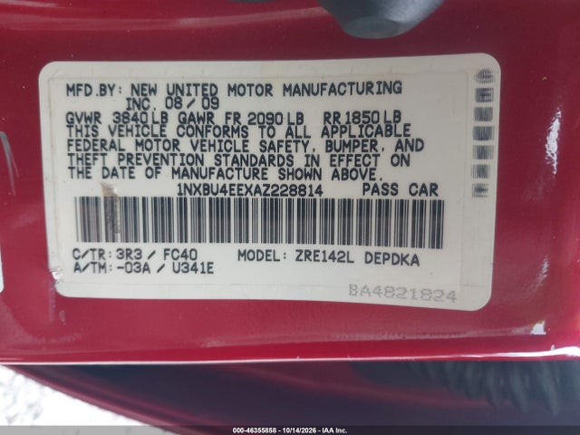 Aukcja sprzedaży 2010 Toyota Corolla Le, vin: 1NXBU4EEXAZ228814, numer aukcji: 46355858
