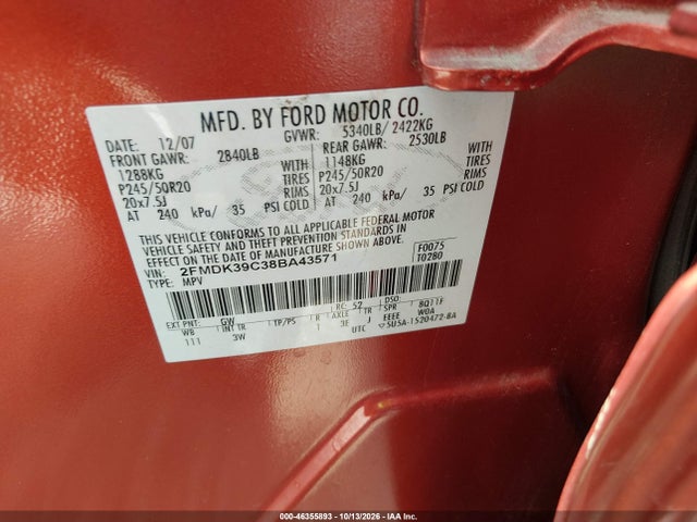 Продаж на аукціоні авто 2008 Ford Edge Limited, vin: 2FMDK39C38BA43571, номер лоту: 46355893