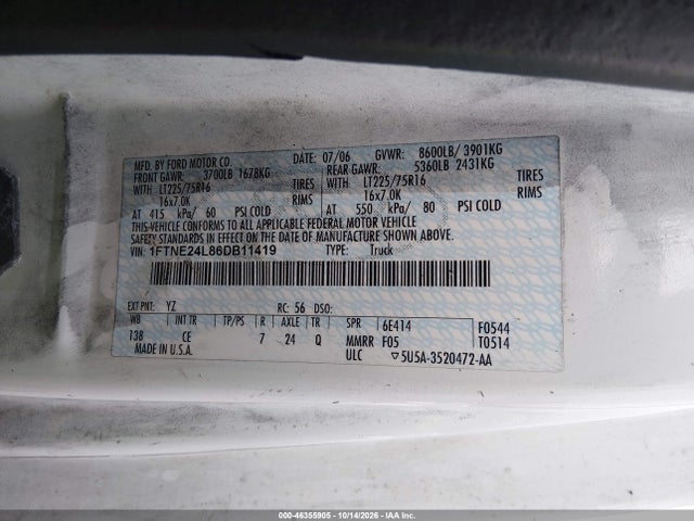 2006 Ford E-250 Commercial/recreational მანქანა იყიდება აუქციონზე, vin: 1FTNE24L86DB11419, აუქციონის ნომერი: 46355905