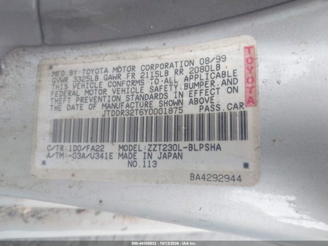 Aukcja sprzedaży 2000 Toyota Celica Gt, vin: JTDDR32T6Y0001875, numer aukcji: 46355932