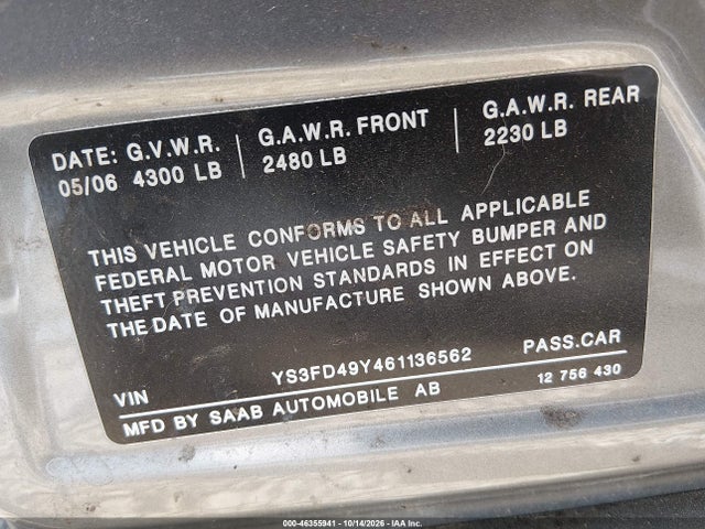 46355941 :رقم المزاد ، YS3FD49Y461136562 vin ، 2006 Saab 9-3 2.0t مزاد بيع