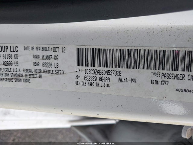 2013 Dodge Avenger Se მანქანა იყიდება აუქციონზე, vin: 1C3CDZAB6DN537328, აუქციონის ნომერი: 46355945