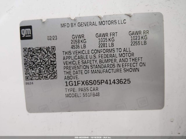 2023 Chevrolet Bolt Ev Fwd 2lt მანქანა იყიდება აუქციონზე, vin: 1G1FX6S05P4143625, აუქციონის ნომერი: 46355946