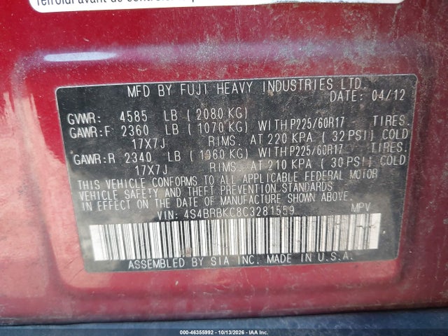 46355992 :رقم المزاد ، 4S4BRBKC8C3281559 vin ، 2012 Subaru Outback 2.5i Limited مزاد بيع