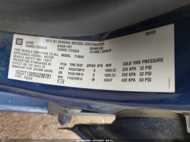 2005 Chevrolet Colorado Ls მანქანა იყიდება აუქციონზე, vin: 1GCDT138958290781, აუქციონის ნომერი: 46356002