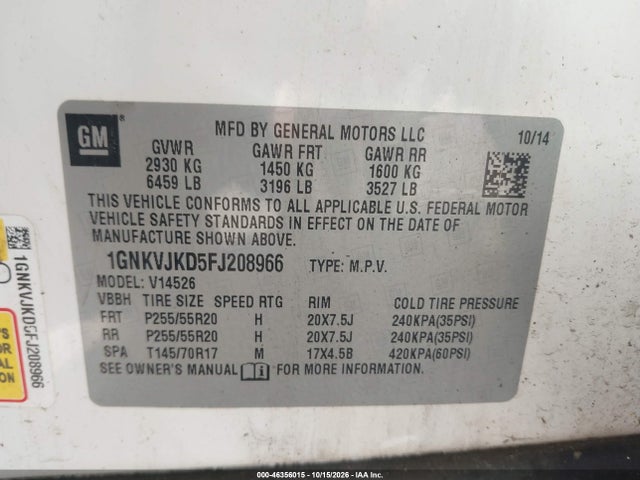 Aukcja sprzedaży 2015 Chevrolet Traverse Ltz, vin: 1GNKVJKD5FJ208966, numer aukcji: 46356015