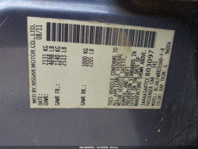 Aukcja sprzedaży 2012 Nissan Maxima 3.5 Sv, vin: 1N4AA5AP7CC803097, numer aukcji: 46356022