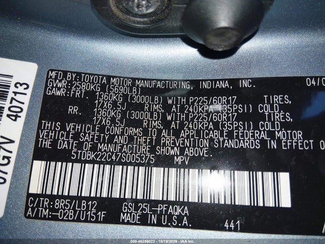 Aukcja sprzedaży 2007 Toyota Sienna Xle Limited, vin: 5TDBK22C47S005375, numer aukcji: 46356023