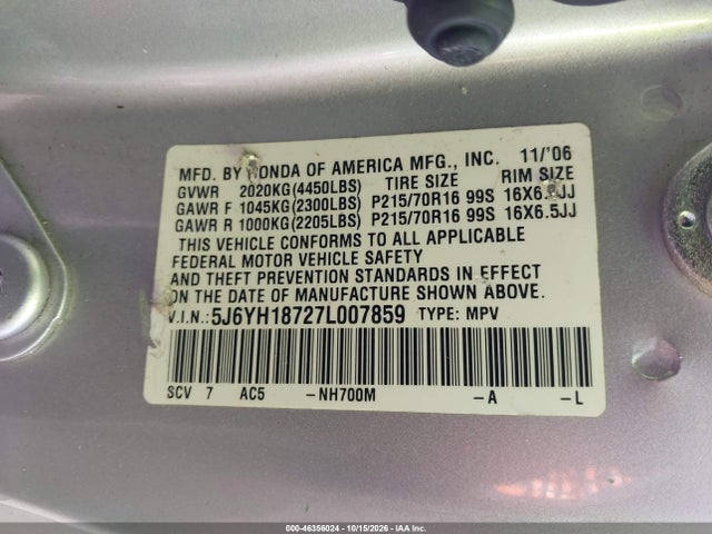 Aukcja sprzedaży 2007 Honda Element Ex, vin: 5J6YH18727L007859, numer aukcji: 46356024