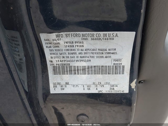 Продажа на аукционе авто 2001 Ford Focus Se, vin: 1FAFP34331W295109, номер лота: 46356046