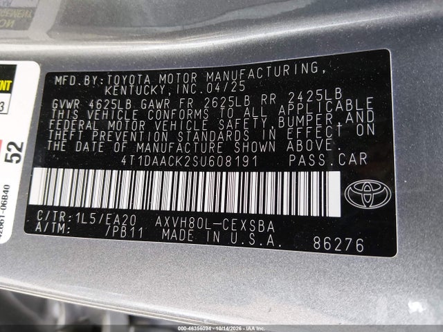 Aukcja sprzedaży 2025 Toyota Camry Se, vin: 4T1DAACK2SU608191, numer aukcji: 46356094