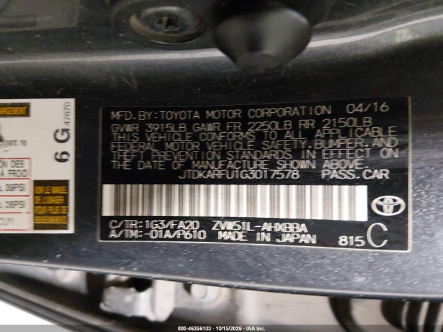 46356103 :رقم المزاد ، JTDKARFU1G3017578 vin ، 2016 Toyota Prius Two Eco مزاد بيع