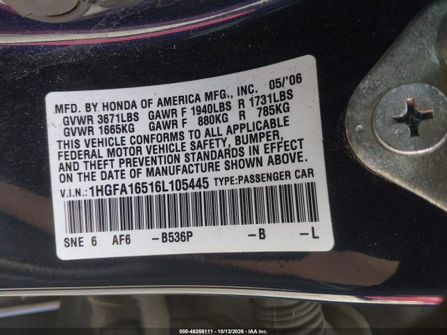 Aukcja sprzedaży 2006 Honda Civic Lx, vin: 1HGFA16516L105445, numer aukcji: 46356111