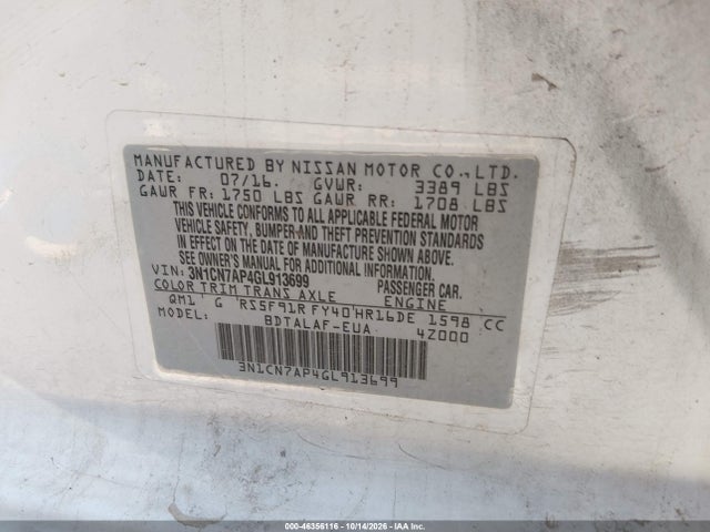 Nissan Versa 1.6 S 2016 3N1CN7AP4GL913699 Image 9