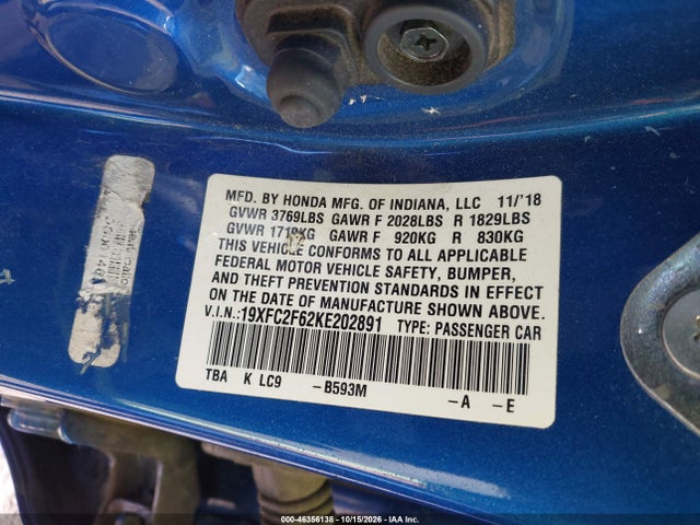 2019 Honda Civic Lx მანქანა იყიდება აუქციონზე, vin: 19XFC2F62KE202891, აუქციონის ნომერი: 46356138