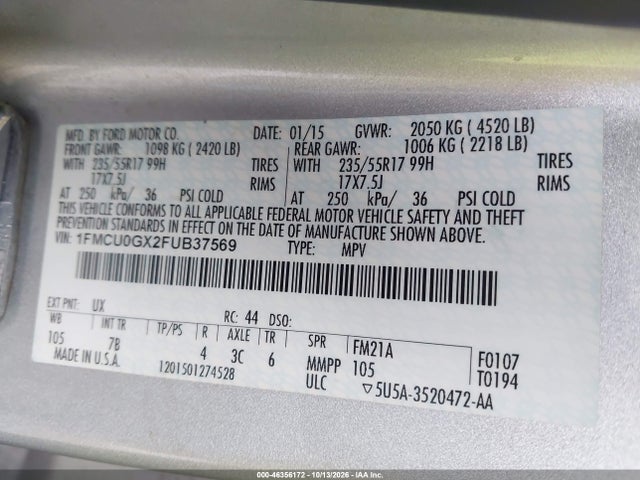 Продажа на аукционе авто 2015 Ford Escape Se, vin: 1FMCU0GX2FUB37569, номер лота: 46356172